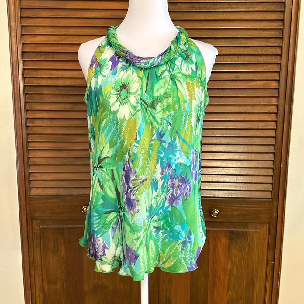 Spense Sleeveless Rolled Neck Watercolor Floral Summer Blouse Size S